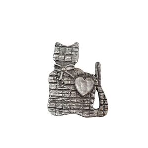 Vintage Marcie USA Cat Pin Brooch Crosshatch Texture Heart Handcrafted Pewter